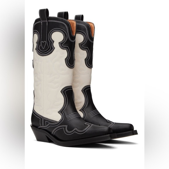 GANNI Black & White Mid Shaft Embroidered Western Boots Sz 39 New $895 | Poshmark