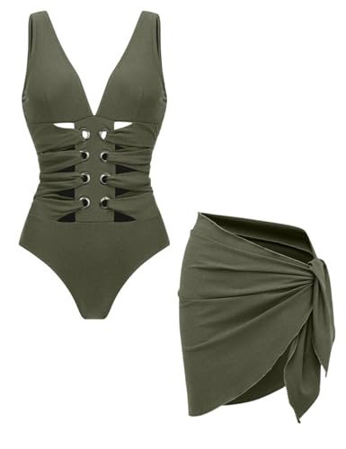 FLAXMAKER Women's Openwork V-Neck Bathing Suits Shimmering Flash Fabric Swimsuit and Sarong (US, Alpha, Small, Regular, Regular, Green Swimsuit and Sarong) | Amazon (US)