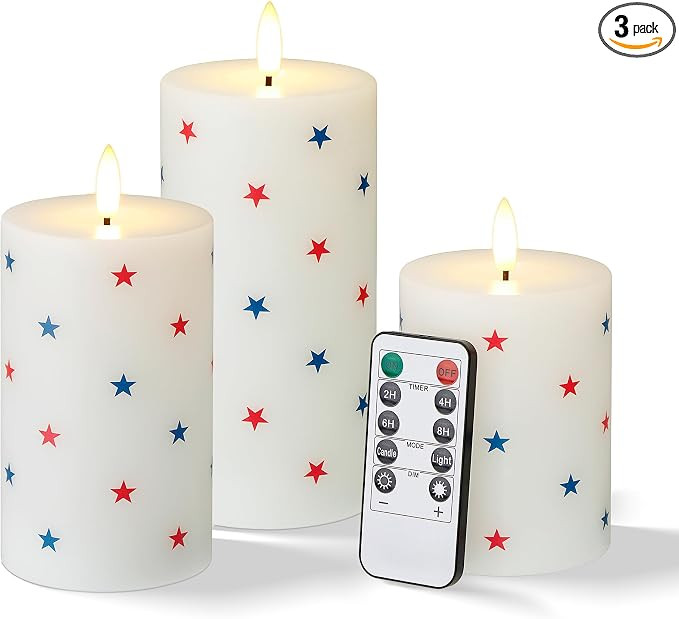 Flameless LED Candles, 3 Patriotic Americana Pillar Candles, Timer, Remote Ready, Stars Design fo... | Amazon (US)