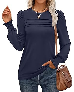 ANRABESS Long Sleeve Shirts for Women Dressy Casual Blouses Ladies Puff Pleated Tunic Tops Fall F... | Amazon (US)