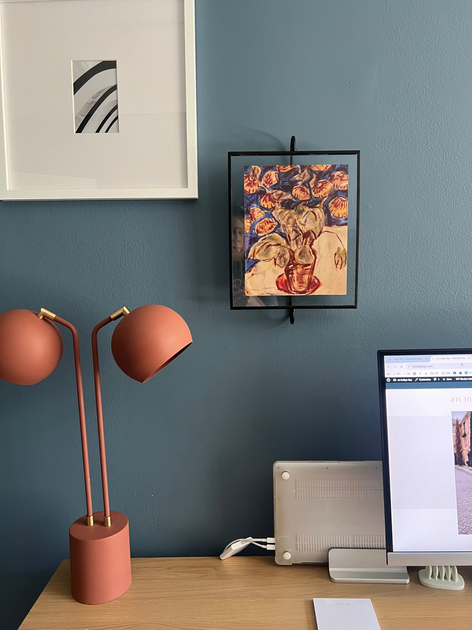 Office details. Wall paint color is Benjamin Moore in Stillwater. Desk is article 

#LTKHome #LTKFindsUnder100 #LTKFindsUnder50
