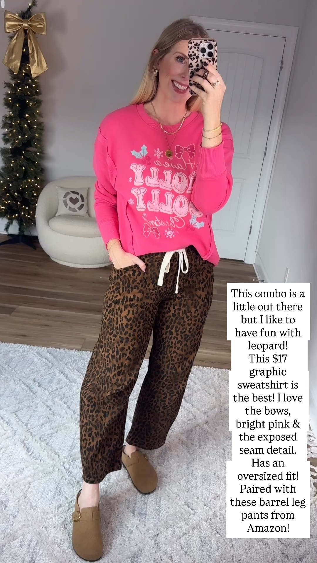 Walmart try on, Christmas graphic sweatshirt, Amazon leopard barrel pants 

Small in both 

#LTKHoliday #LTKFindsUnder50