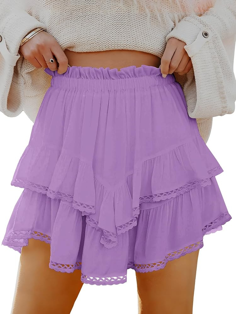 Caracilia Mini Skirts for Women Summer Casual Boho Crochet Ruffle Flowy Skirt Built in Shorts 202... | Amazon (US)