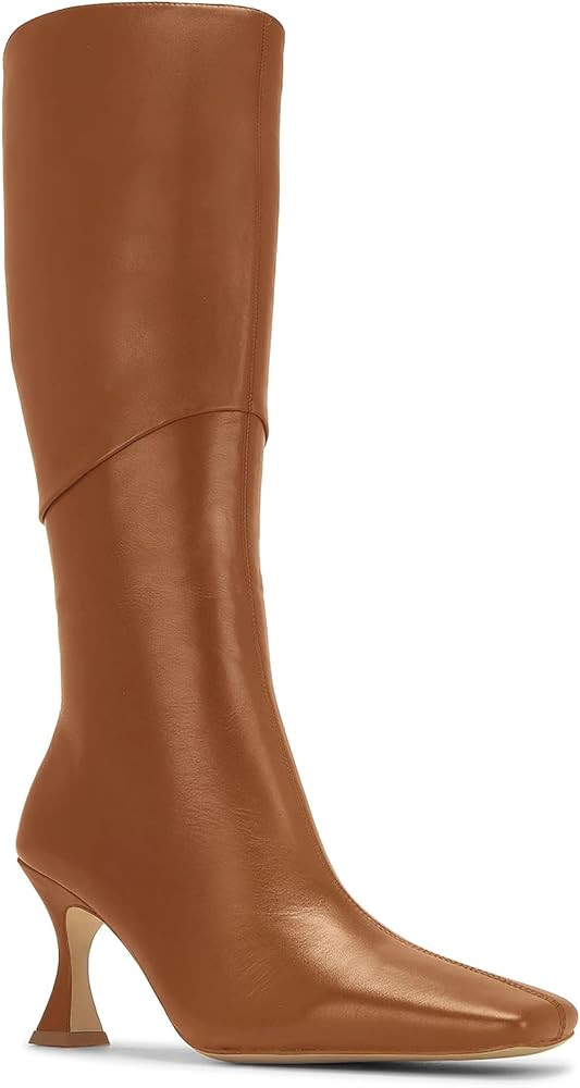 Coutgo Womens Kitten Heel Knee High Boots Wide Calf Square Toe Leather Boot Shoes with Zipper | Amazon (US)