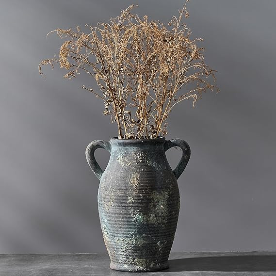 Large Ceramic Rustic Vase with 2 Handles, 9.8 inch Farmhouse Flower Vase, Distressed Vase for Hom... | Amazon (US)