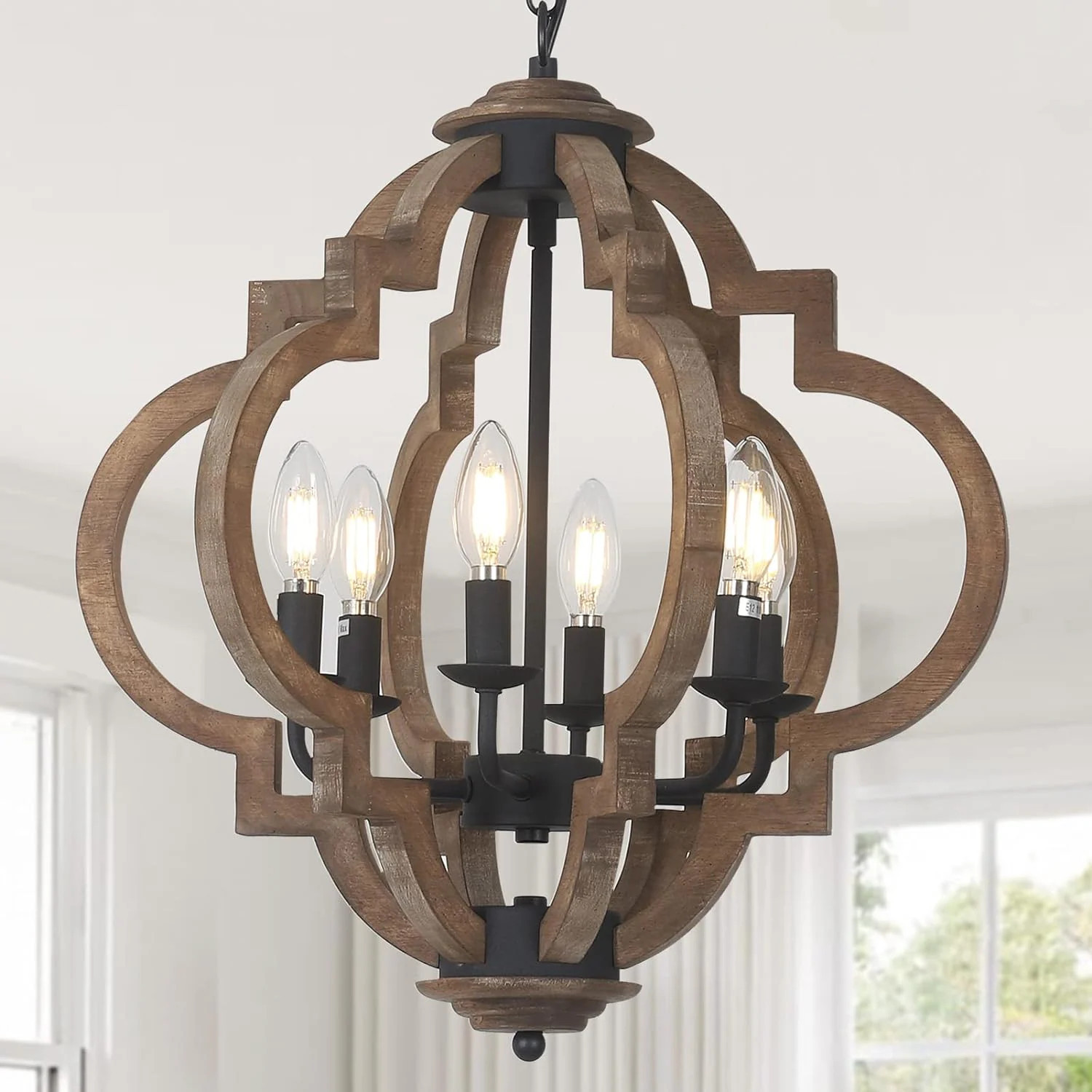Blisstyle Farmhouse Chandeliers For Dining Room 6-Light Rustic Dining Room Light Fixture Over Table Wood Black Boho Chandelier For Bedrooms Entryway | Lowe's