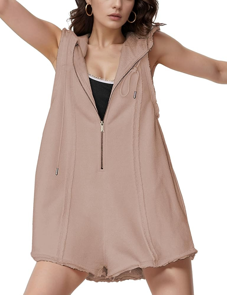 Rompers for Women Athletic Workout Hooded Romper Casual Zip-Front Neck Jumpsuits Overalls with Po... | Amazon (US)