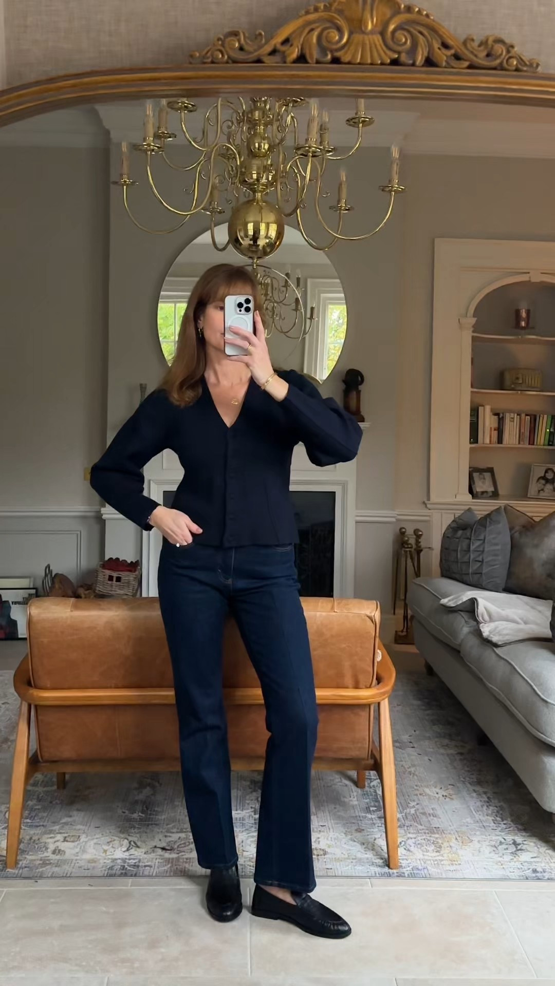 Full M&S outfit 
Waisted slim fit navy cardigan size small 
Boot cut flared jeans
Black leather loafers

#LTKuk #LTKautumn