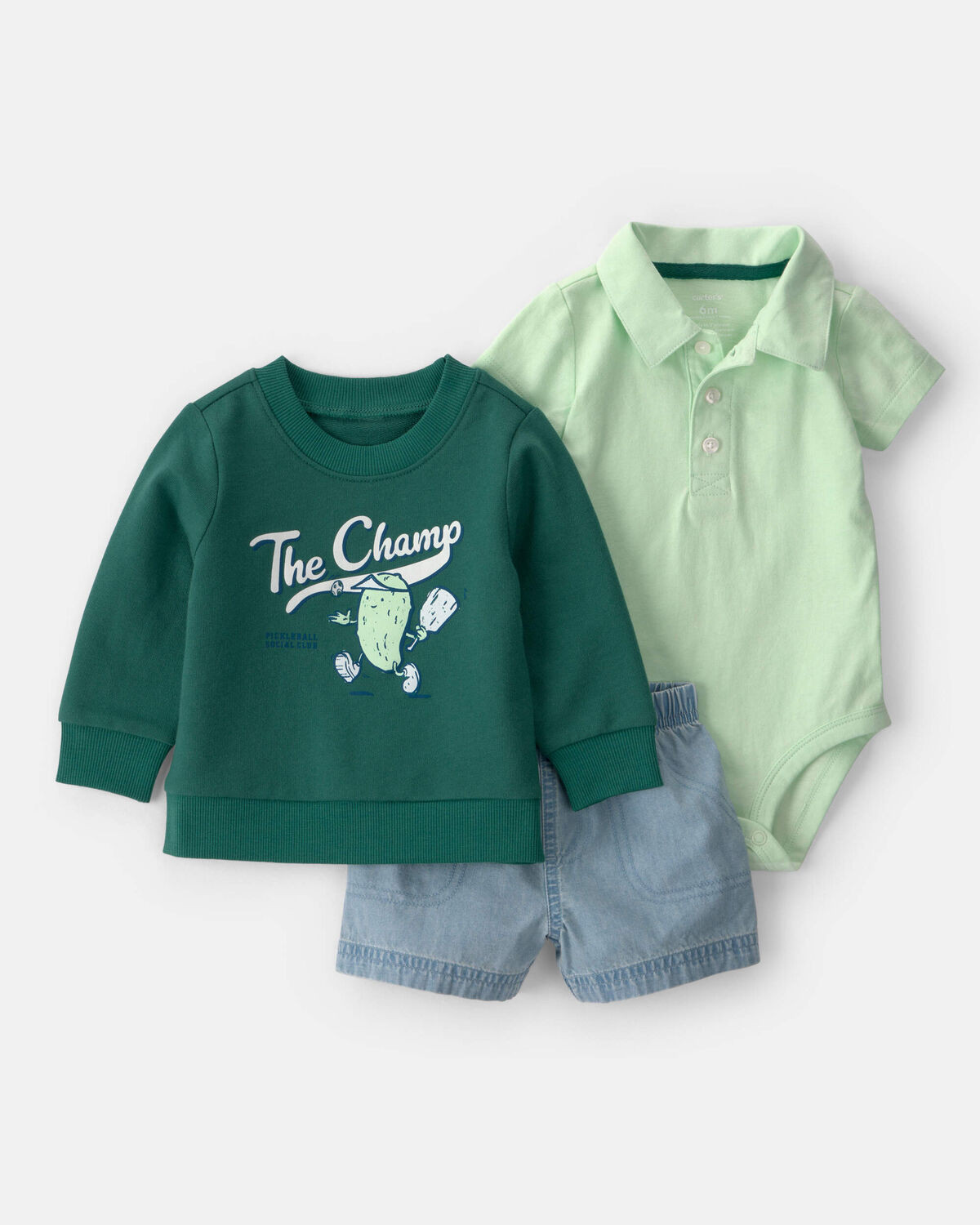Baby Boy 3-Piece Pickleball Sweatshirt, Bodysuit & Short Set - Green | Carter's Inc