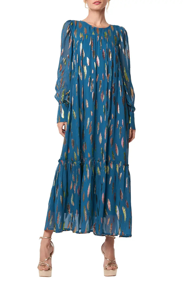 Eryn Metallic Print Tie Waist Long Sleeve Maxi Dress | Nordstrom