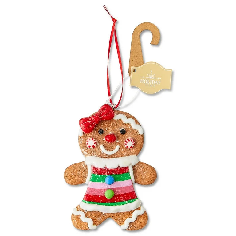 Multicolor Clay Dough Gingerbread Girl with Red Bow Christmas Ornament, 4.2", by Holiday Time | Walmart (US)