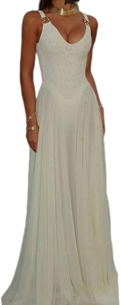 HENGEN 2025 Spring New Sexy Slim Fit V-Neck Backless Camisole Long Skirt Temperament Mesh Dress | Amazon (US)