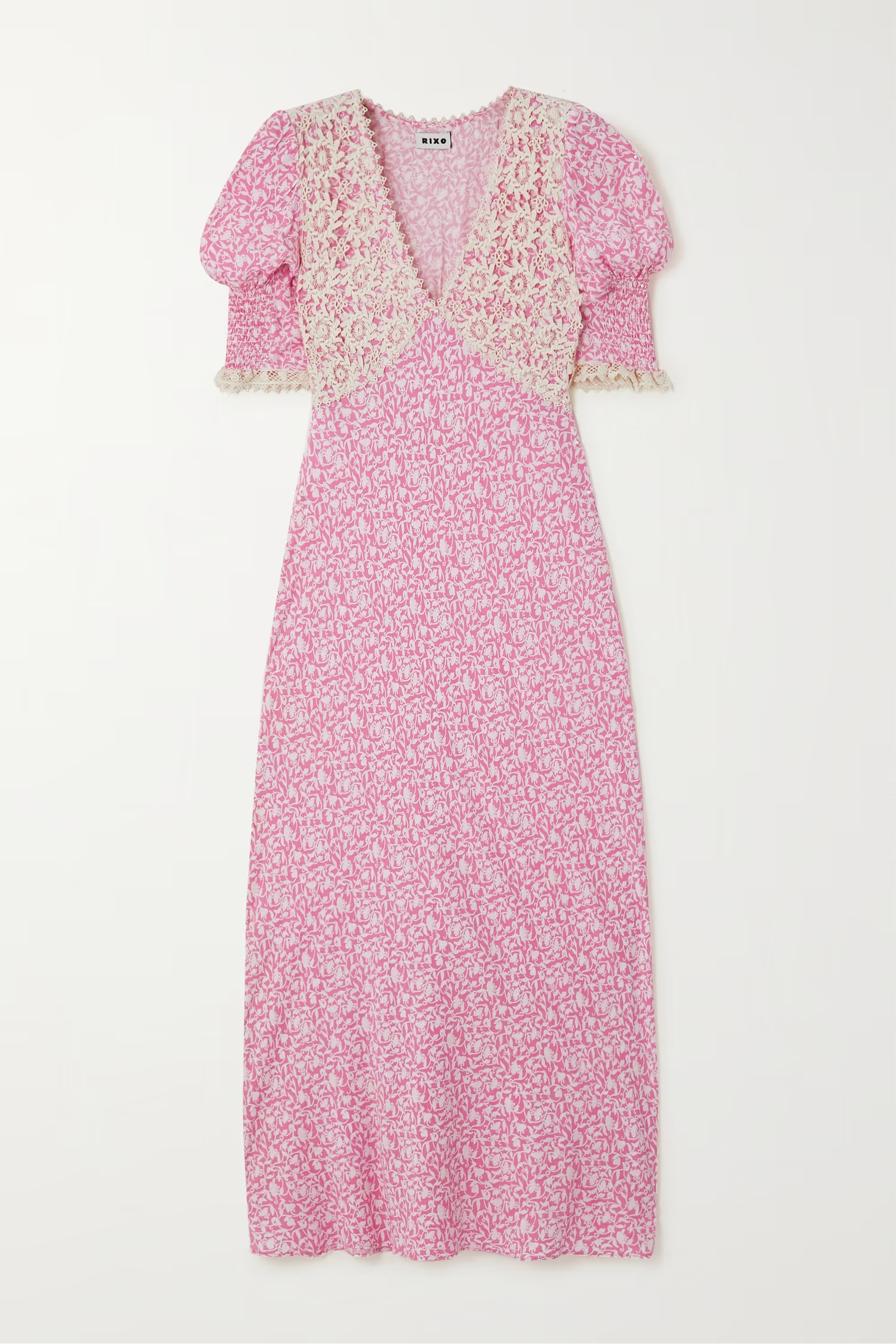 Olga crocheted lace-paneled printed crepe de chine midi dress | NET-A-PORTER (US)