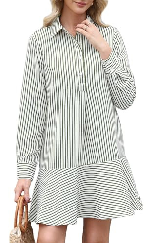 EZAPINE Womens Striped Shirt Mini Dress Long Sleeve Collared Ruffle Hem Button Up Tunic Flowy Swi... | Amazon (US)