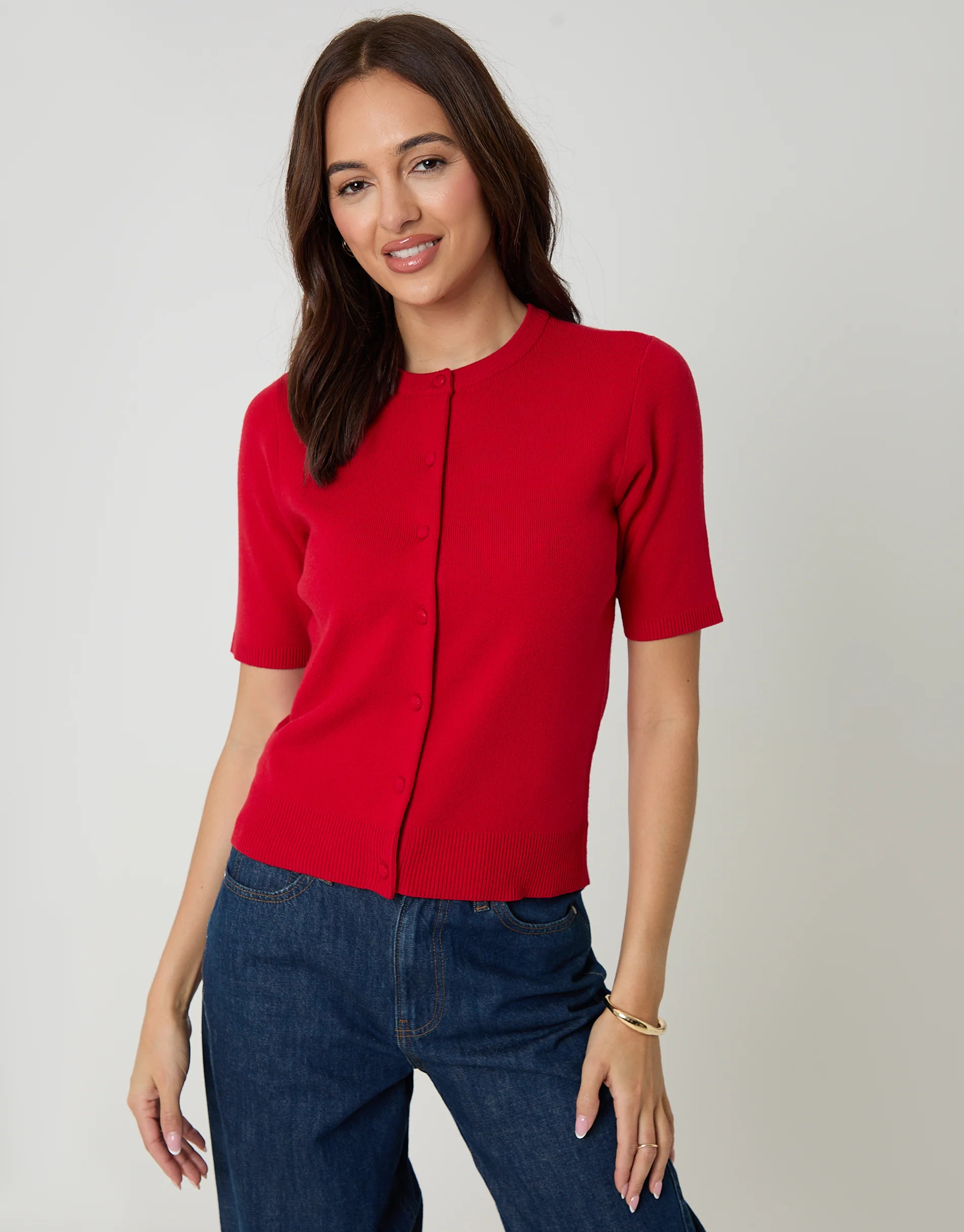 Red Jacquard Knit Short Sleeve Cardigan | Threadbare