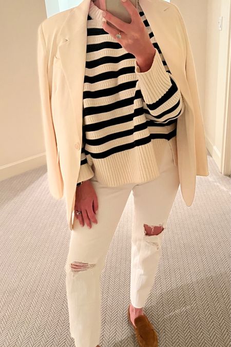 Summer holiday whites jeans striped sweater neutral blazer flats creams and tans blue and white ripped pants Memorial Day 4th of July outfit ideas casual cool nights rainy day looks travel inspo easy to pack road trip ootd 

#LTKtravel #LTKeurope #LTKSeasonal
