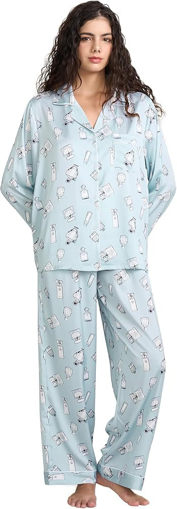 Womens Silk Satin Pajamas Set Button Down 2 Piece Pjs Long Sleeve Oversized Sleepwear with Pocket... | Amazon (US)