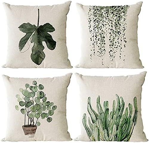 Monkeysell Decorative Throw Pillow Covers, 4 Pack of Green Plant Pattern Cotton Linen Throw Pillow C | Amazon (US)
