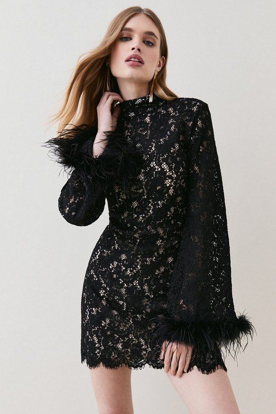 Lace Feather Woven Mini Dress | Karen Millen US