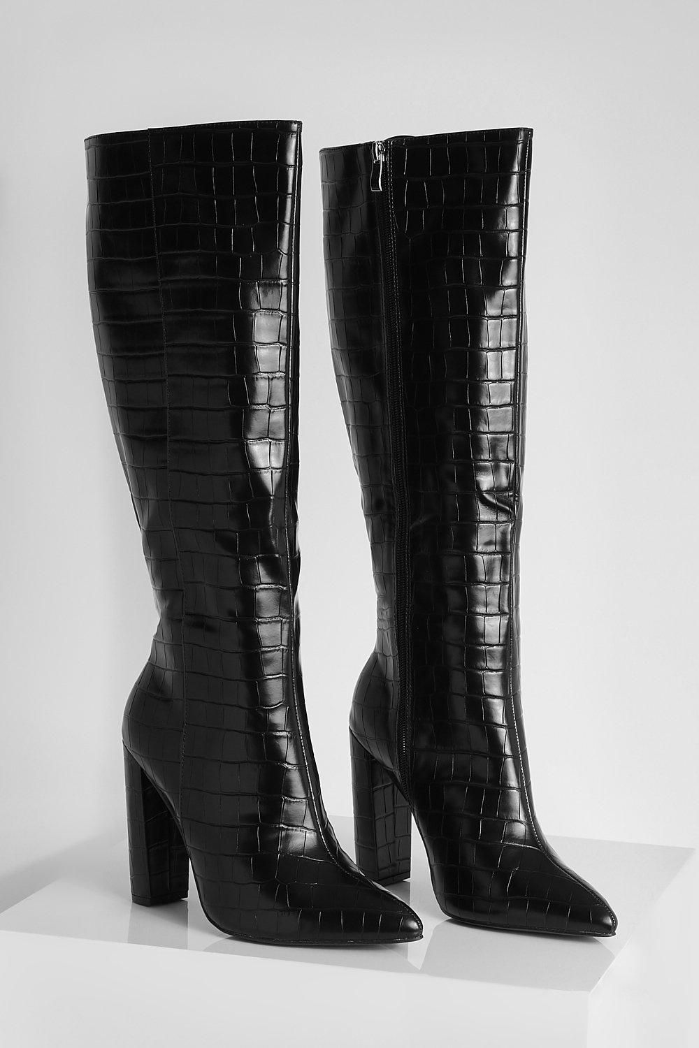 Wide Fit Pointed Knee High Heeled Boots | Boohoo.com (UK & IE)