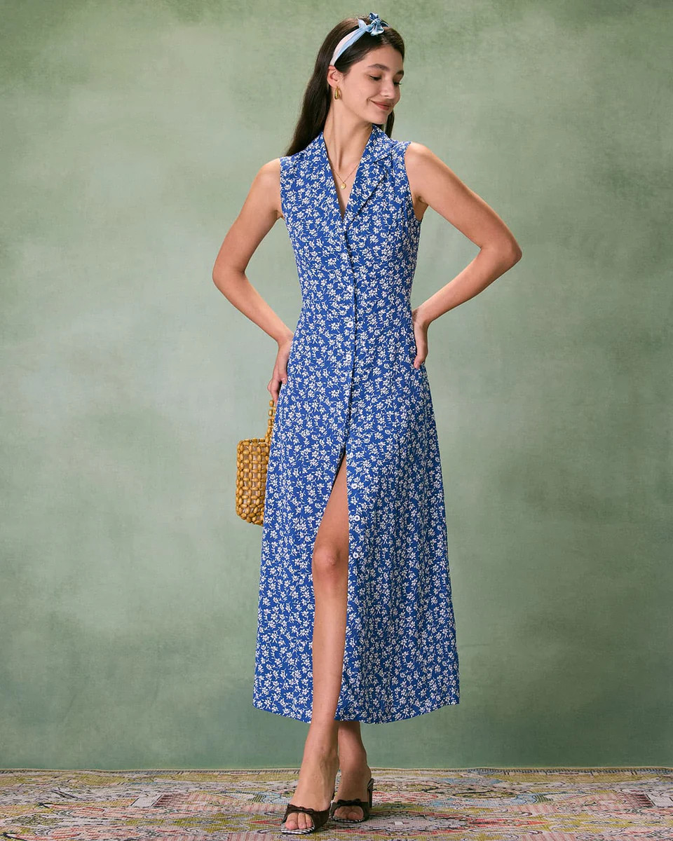 The Blue Collared Button-up Floral Maxi Dress | rihoas.com