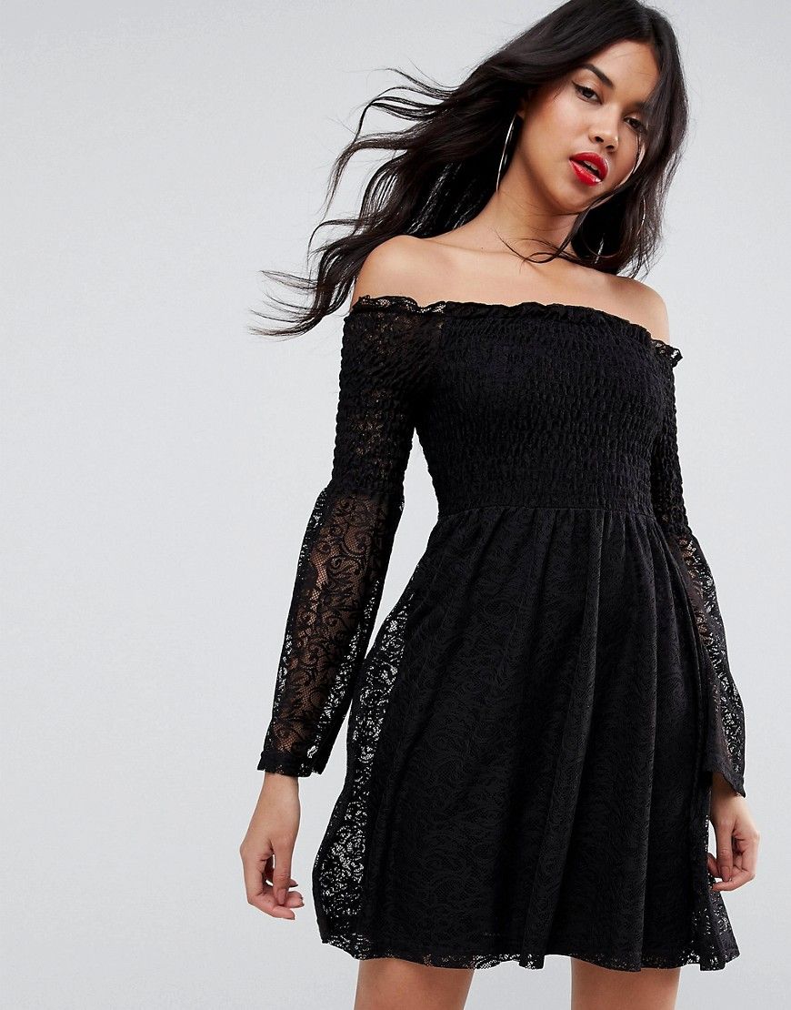 ASOS Bardot Shirred Lace Dress With Trumpet Sleeve - Black | ASOS US