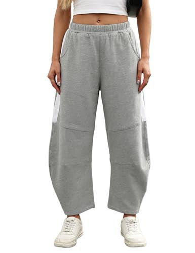 UANEO Women's Barrel Leg Pant Wide Leg Elastic Waisted Track Pants Trousers Casual Palazzo Striped Sweatpants with Pockets (Grey-L) | Amazon (US)