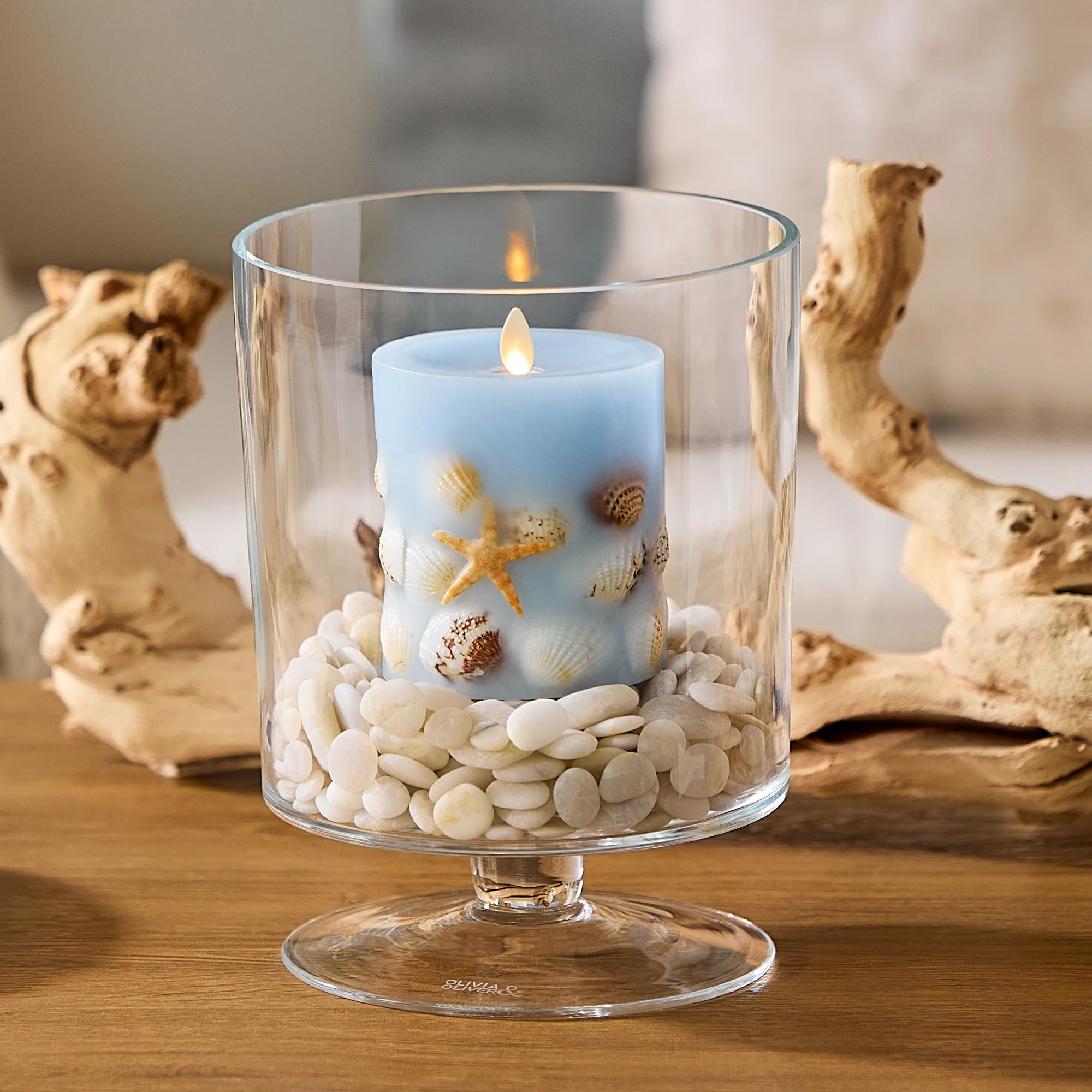 Soft Chambray Embedded Seashell & Starfish Flameless Candle Pillars | Luminara