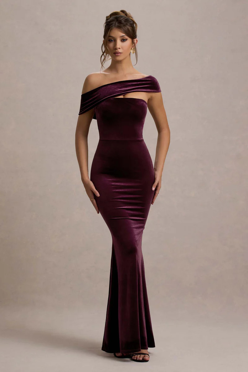 Candela  Port Velvet Asymmetric Bardot Maxi Dress | Club L London