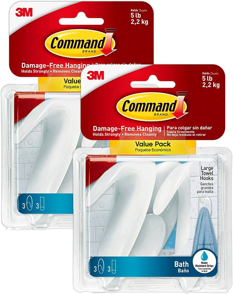 Command Bath Large Towel Hook Value Pack, Total 6 Large Wall Hooks with 6 Command Water Resistant... | Amazon (US)
