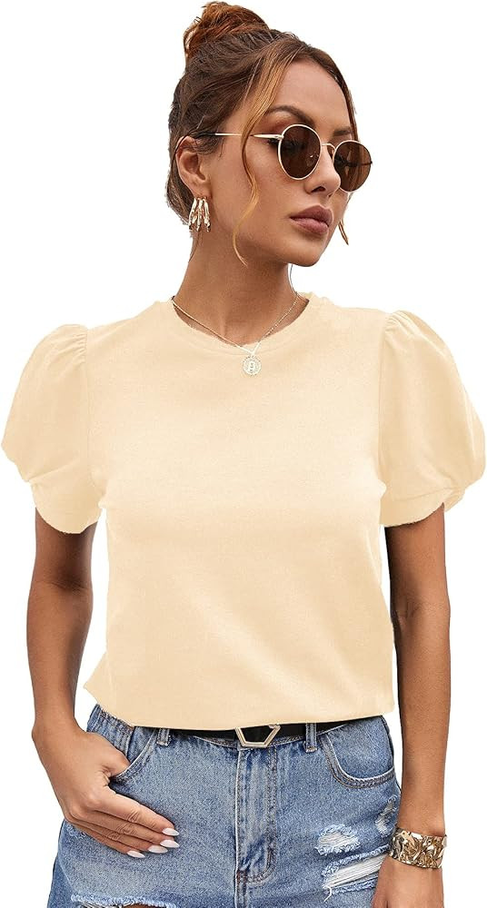SweatyRocks Women's Summer Short Puff Sleeve Tee Top Round Neck T-Shirt | Amazon (US)