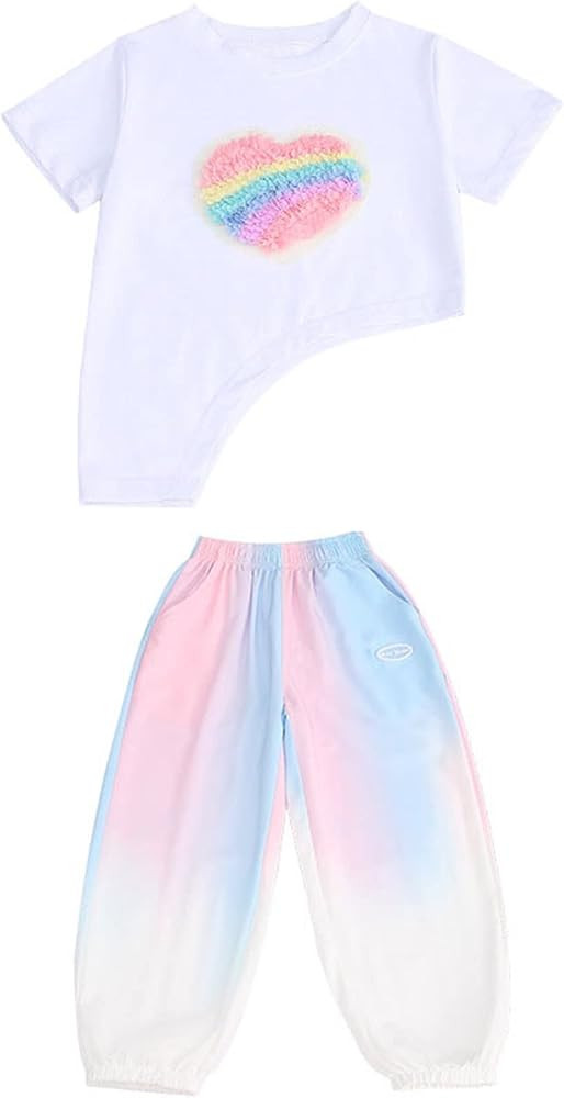 Summer Toddler Girls Short Sleeve Rainbow T Shirt Tops Heart Printed Sports Pants Kids Outfits Fo... | Amazon (US)