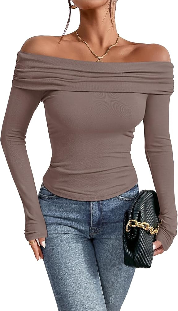 Prettywear Women's Sexy Off Shoulder Tops Business Casual Slim Fit Long Sleeves Spring Fall Blous... | Amazon (US)