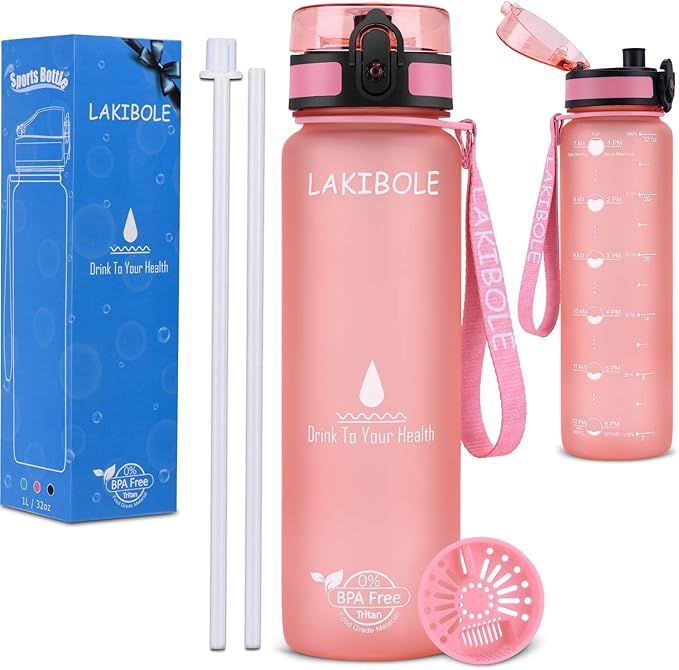 LAKIBOLE 32 oz Straw Water Bottle BPA Free with Time Marker, Gym Water Bottle with Straw for Fitn... | Amazon (US)