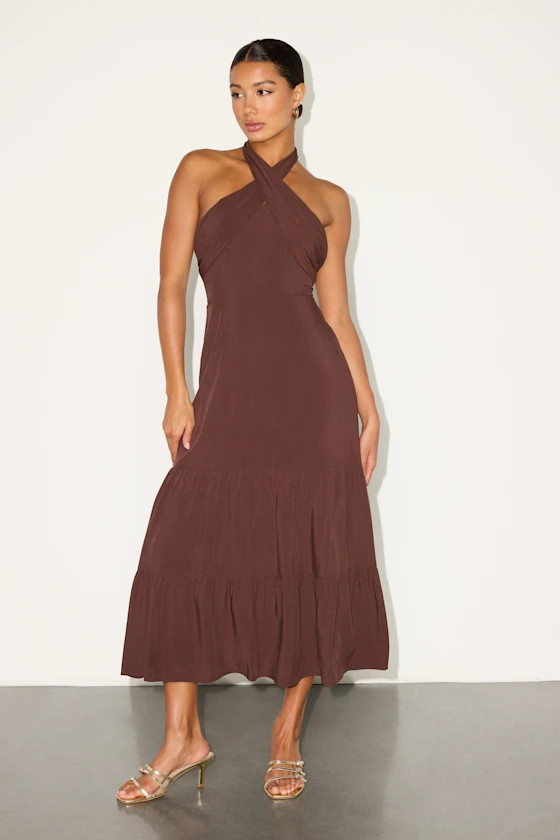 Always Eye-Catching Brown Tiered Halter Midi Dress | Lulus