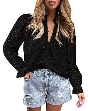 PRETTYGARDEN Women's Dressy Casual Blouse Tops Fall Puff Long Sleeve Button V Neck Hollow Out Lac... | Amazon (US)