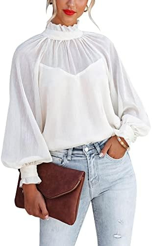 Sunborui Women's Long Sleeve Ruffle Neck Chiffon Blouse High Neckline Relaxed Fit Tops | Amazon (US)