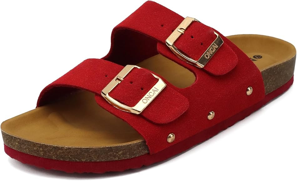 ONCAI Womens Flat Slide Sandals with Arch Support 2 Strap Adjustable Buckle Slip on Slides Shoes ... | Amazon (US)