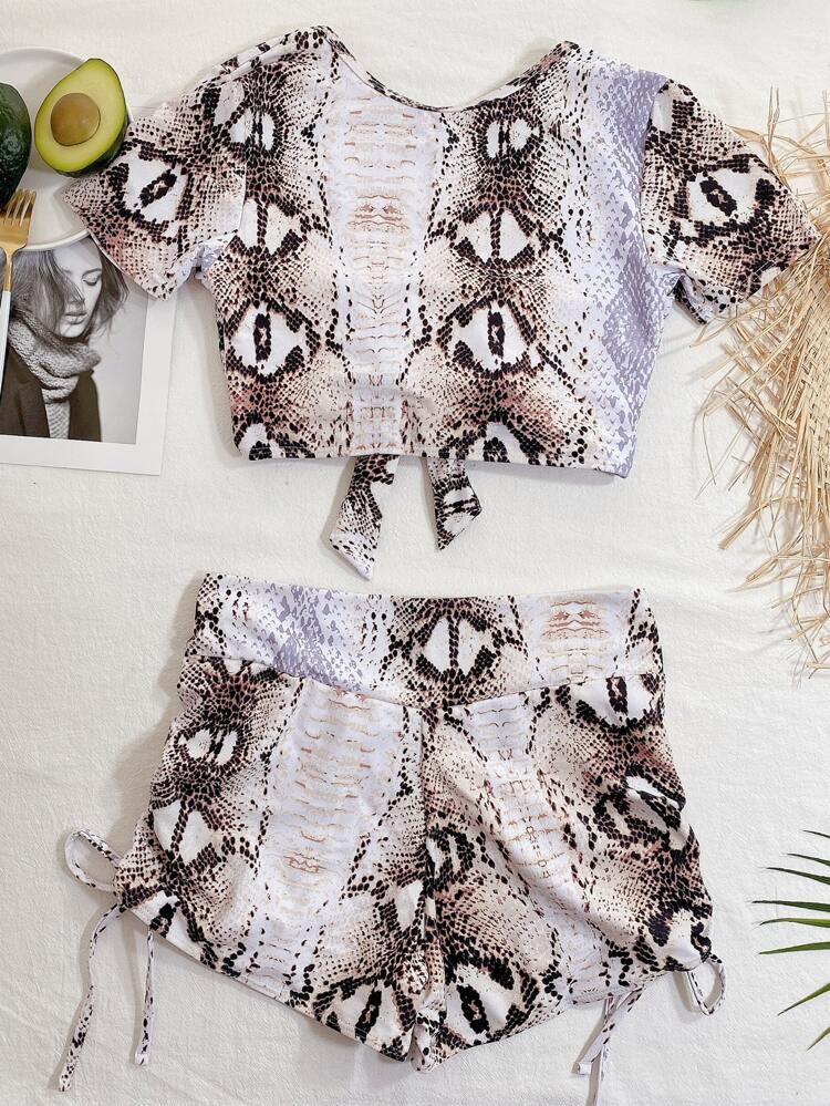 Snakeskin Knot Front Bikini Swimsuit | SHEIN