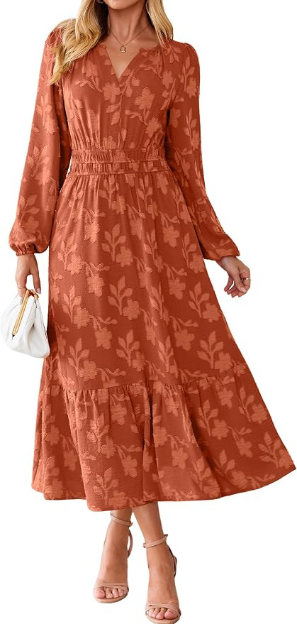 Simplee Women's Boho Floral Long Sleeve Maxi Dress Fall V Neck Empire Waist Swing Flowy Wedding G... | Amazon (US)