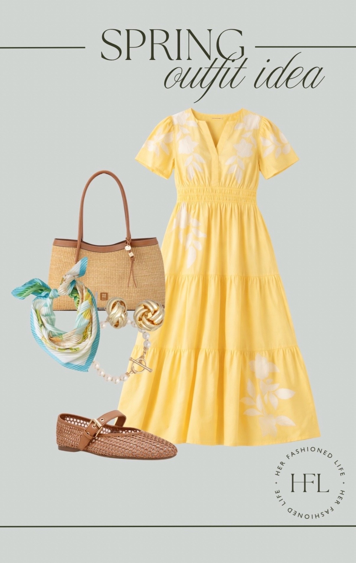 A Spring Outfit idea all Belk! #YellowDress #ButterYellow #WovenFlats #Scarf #Earrings #Bracelet #Pearls 

#LTKSeasonal #LTKOver40 #LTKootd