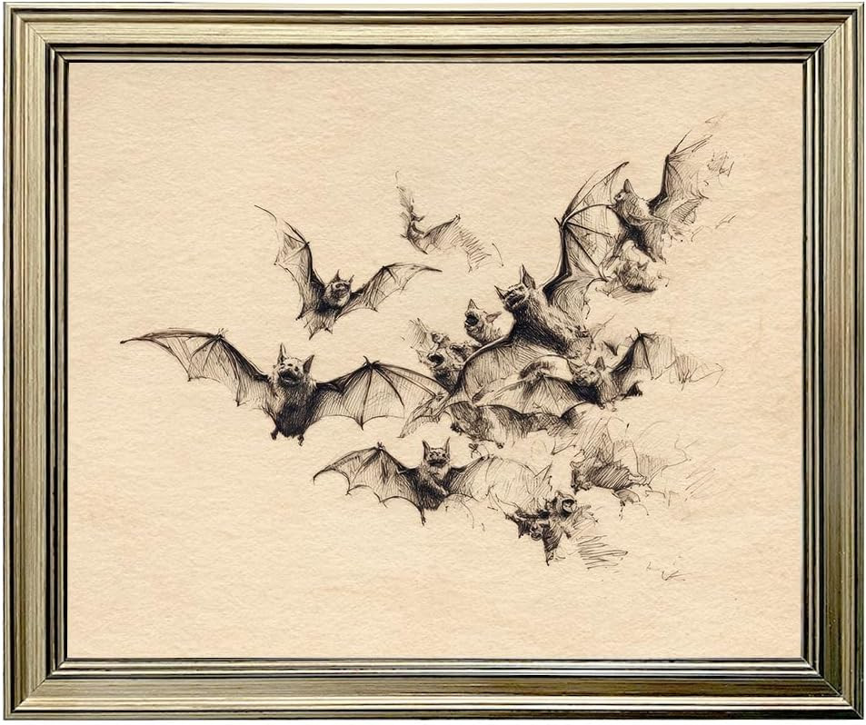 Vintage Bat Sketch Print Neutral Gothic Halloween Wall Art Spooky Wall Decor Cottagecore Painting Fall Picture Artwork | Amazon (US)
