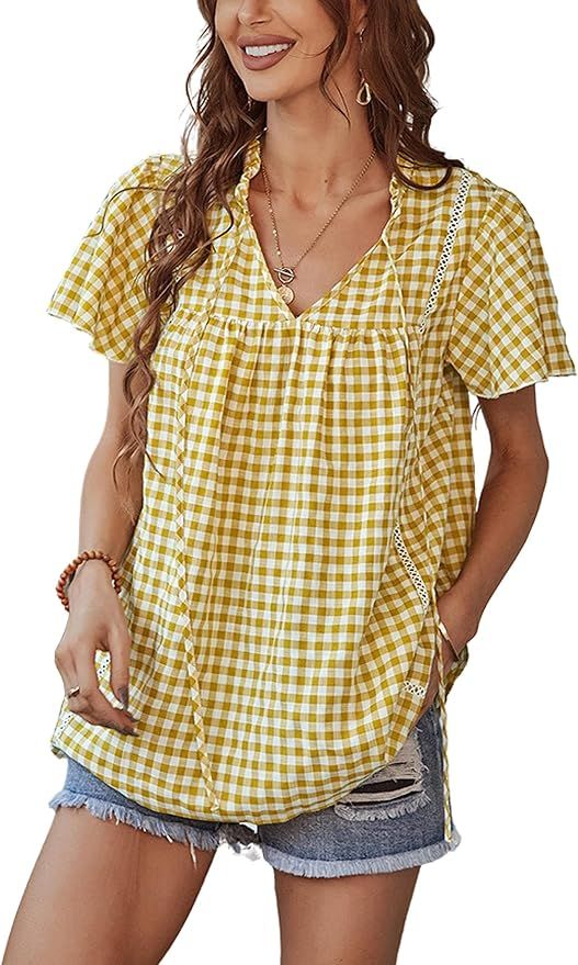 InterNos Womens Short Sleeve V Neck Plaid Shirt Loose Drawstring Gingham Blouses Tops | Amazon (US)
