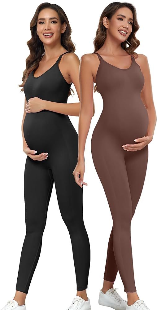 Women's Maternity Nursing Tank Leggings Jumpsuit ，Built-in Bra for Pregnancy Women and Shorts R... | Amazon (US)