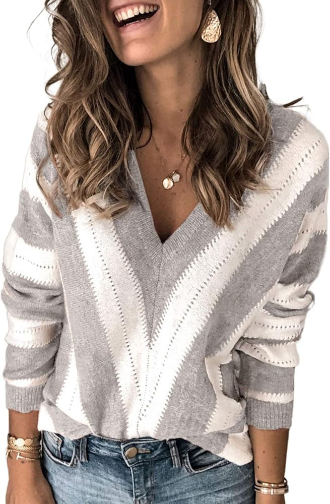 Asvivid Women's Long Sleeve Criss Cross V Neck Knitted Sweater Backless Loose Jumper Sweaters | Amazon (US)