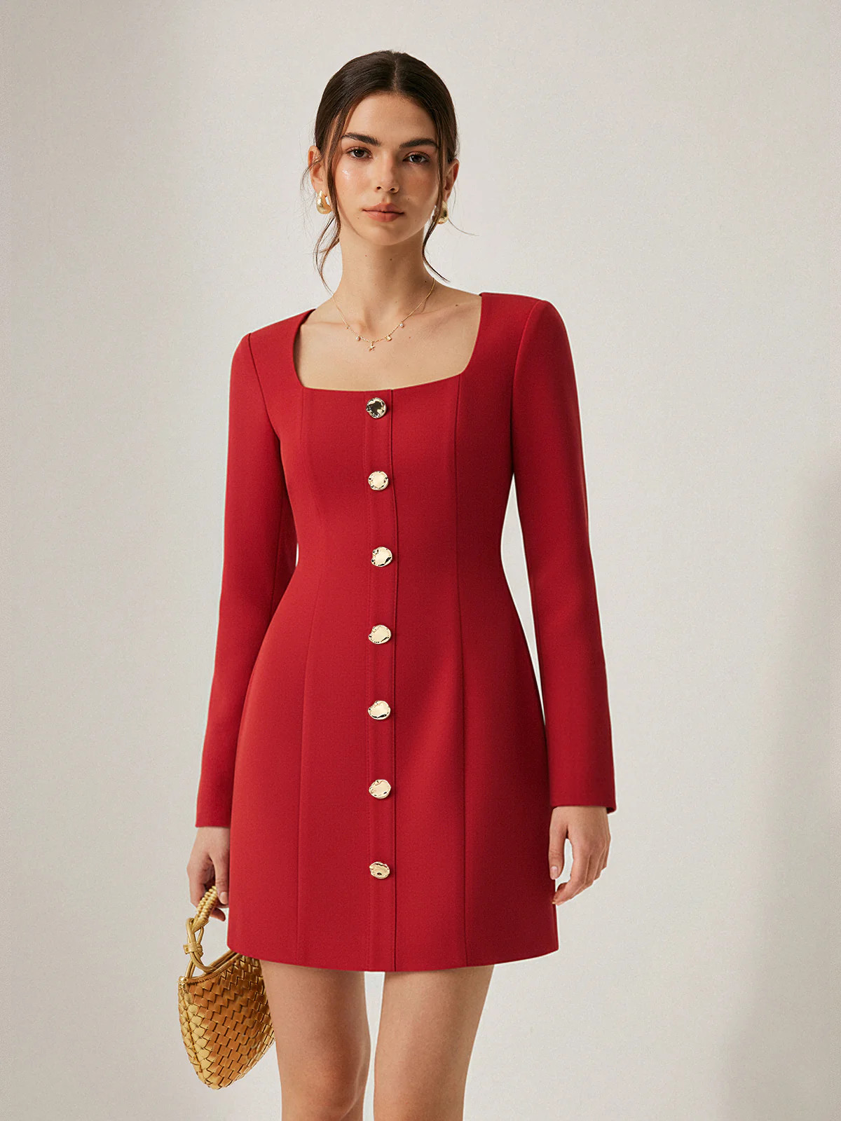 Square Neck Button Front Mini Dress | Commense