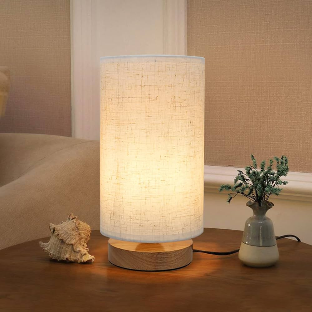 Small Bedside Night Table Lamp for Bedroom, Minimalist Nightstand Lamp with Round Fabric Linen Sh... | Amazon (US)