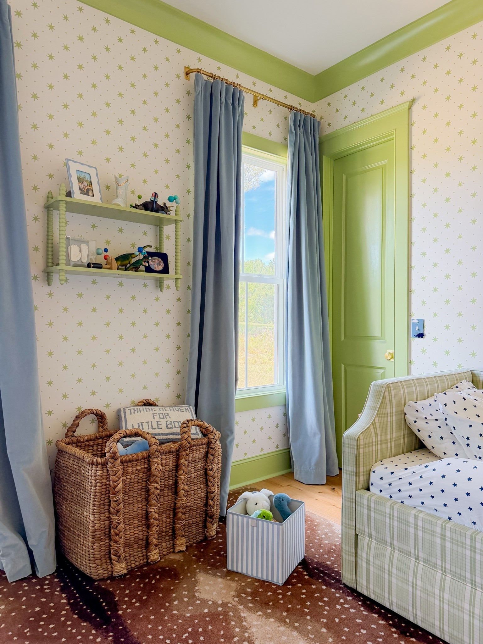 Collapsible bin | grand millennial | wicker basket | organizing | wall shelf | blue velvet curtains | nursery inspo | boy room | target finds

#LTKHome #LTKvlog #LTKKids