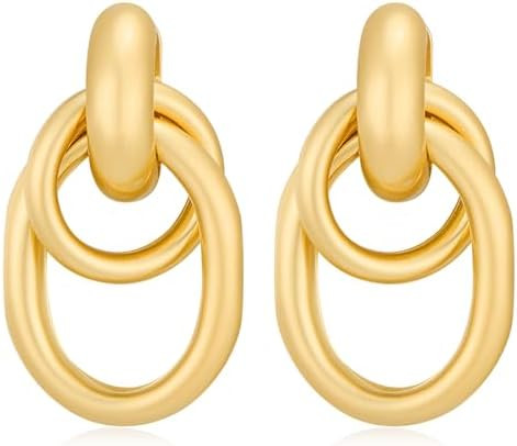 Gold Chunky Earrings for Women Geometric Knot Link Drop Dangle Earrings 14K Gold Plated Statement... | Amazon (US)
