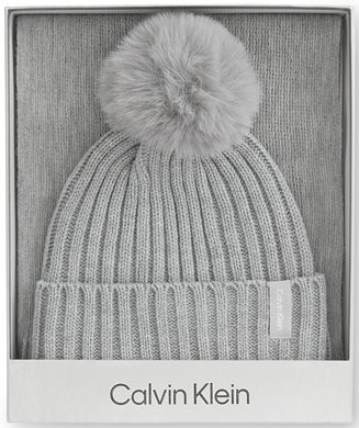 Calvin Klein Women's 2-Pc. Faux-Fur Pom Beanie & Scarf Boxed Gift Set - Macy's | Macy's